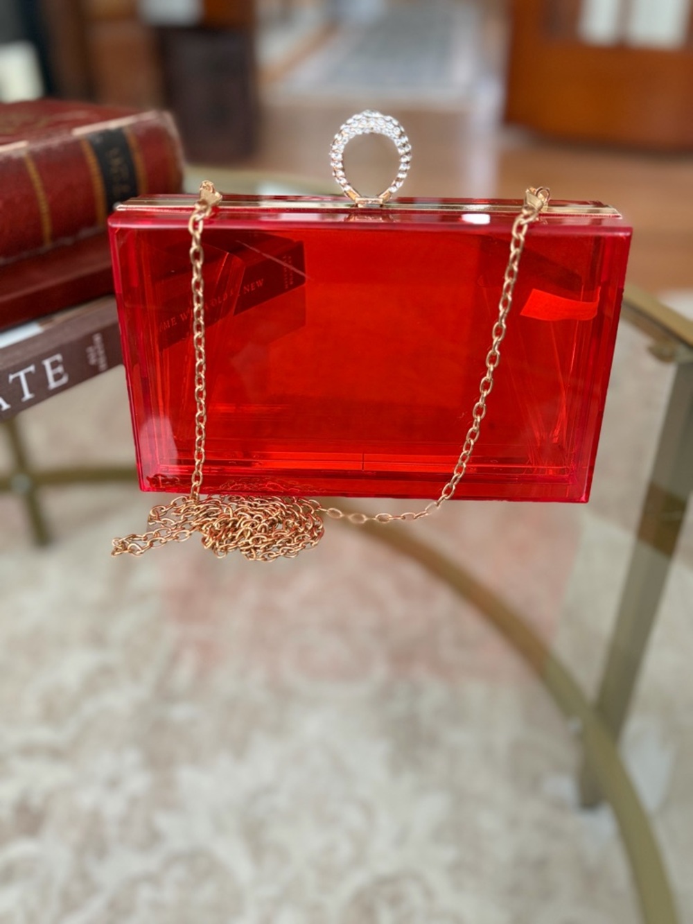 Red Acrylic Box Clutch Rhinestone Ring Clasp Gold Chain Evening Bag - Picture 4 of 14